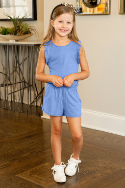 天蓝色夏季无袖荷叶边细节舒适可爱短款小女孩连体裤