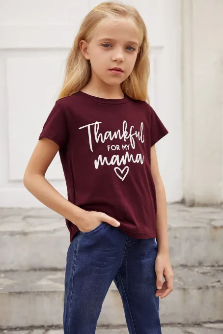 酒红色字母亲子装舒适透气女童短袖T恤