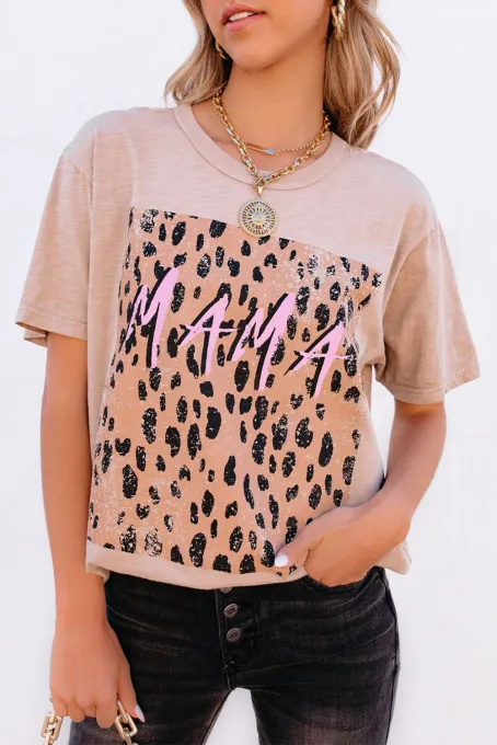 圆领豹纹MAMA字母图案休闲舒适T恤