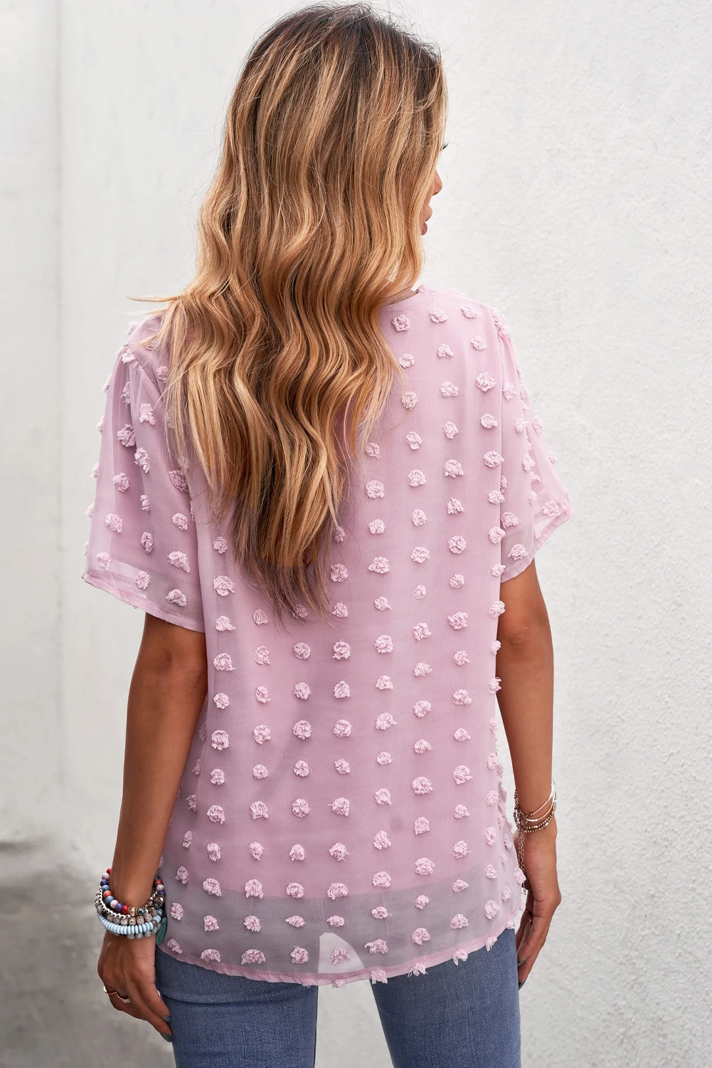 粉色浪漫绒点纹理休闲舒适短袖圆领上衣 LC2517104