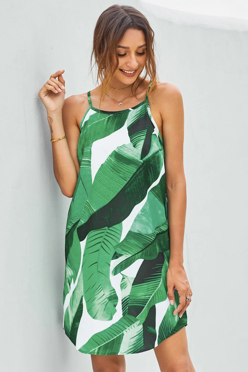 绿色无袖绿叶图案连衣裙 LC220101