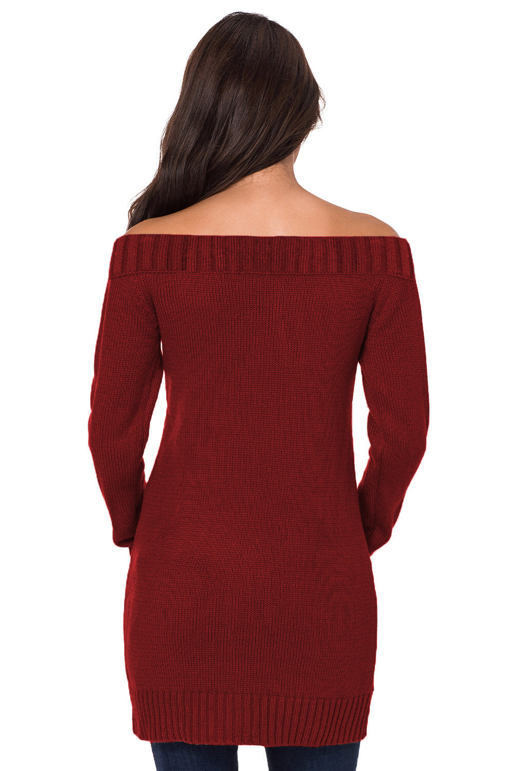 红色优雅一字露肩绞花针织长袖套头毛线连衣裙 LC272914