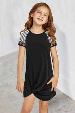 黑色休闲时尚豹纹条纹短袖扭结可爱儿童连衣裙