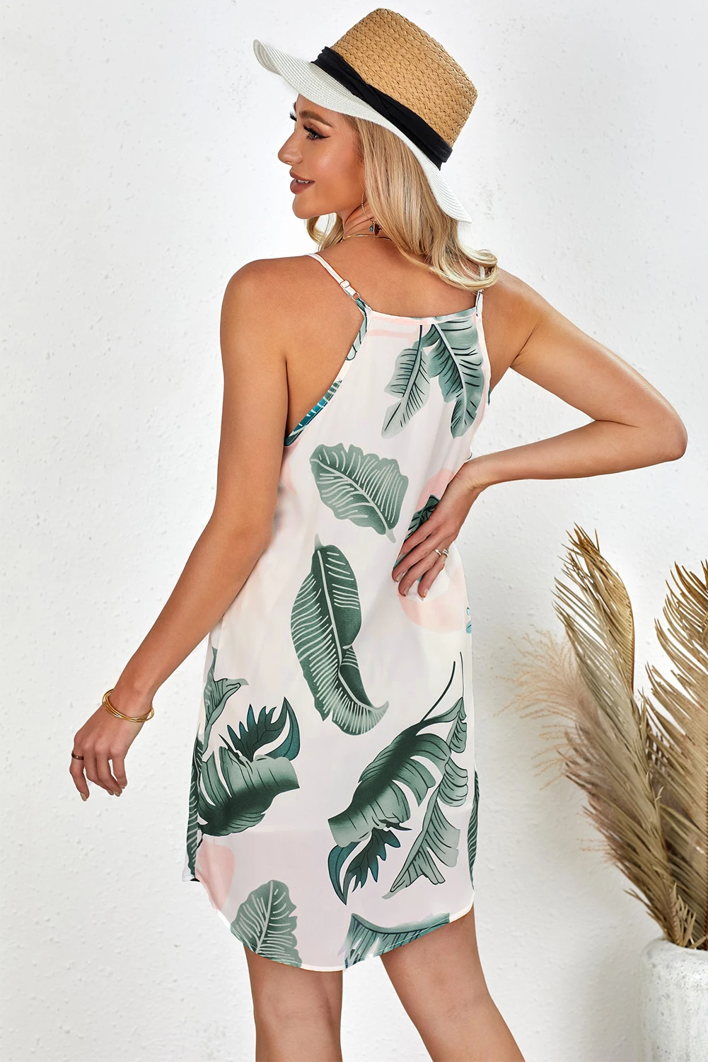 象牙白无袖棕榈树叶图案连衣裙 LC220101