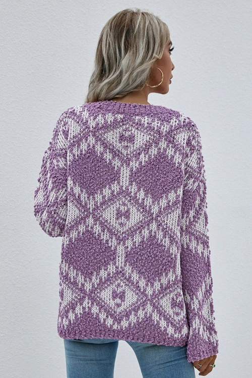 紫色休闲部落几何图案宽松落肩长袖套头毛衣 LC2721605