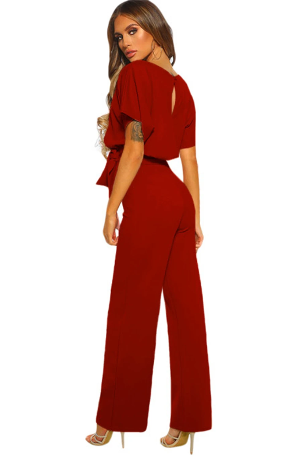 红色时尚蝙蝠袖系带腰带阔腿连衣裤 LC64520