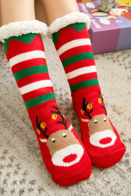 红色圣诞驯鹿图案条纹毛绒边针织袜子