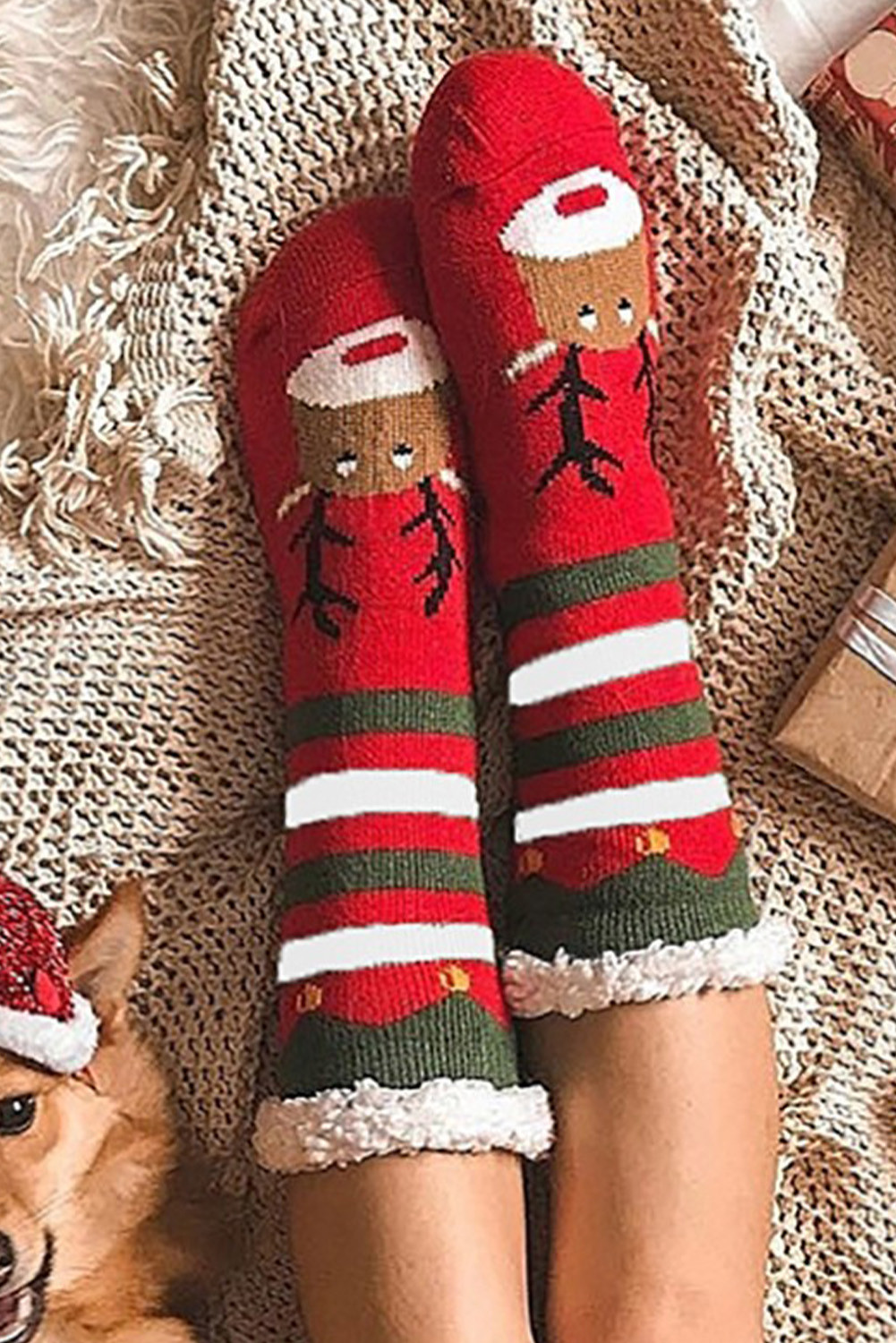红色圣诞驯鹿图案条纹毛绒边针织袜子 LC09467