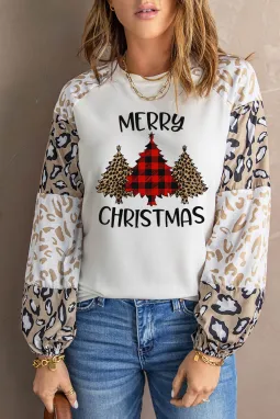 时尚拼色豹纹泡泡袖圣诞树字母印花休闲上衣