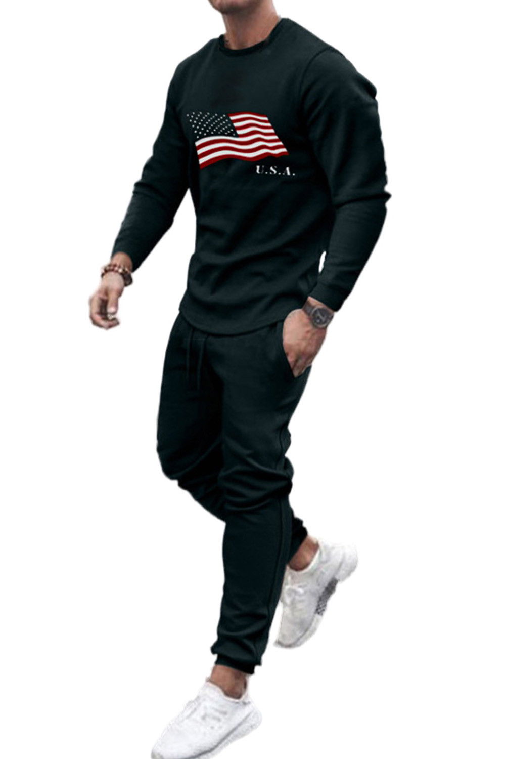 黑色男士美国国旗字母印花长袖套衫长裤两件套 MC253198