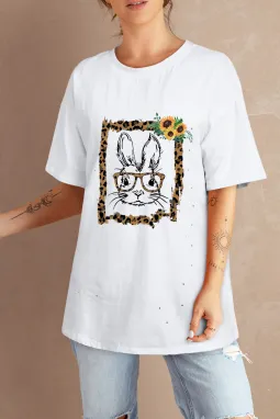 白色兔子豹纹向日葵印花短袖图案 T 恤