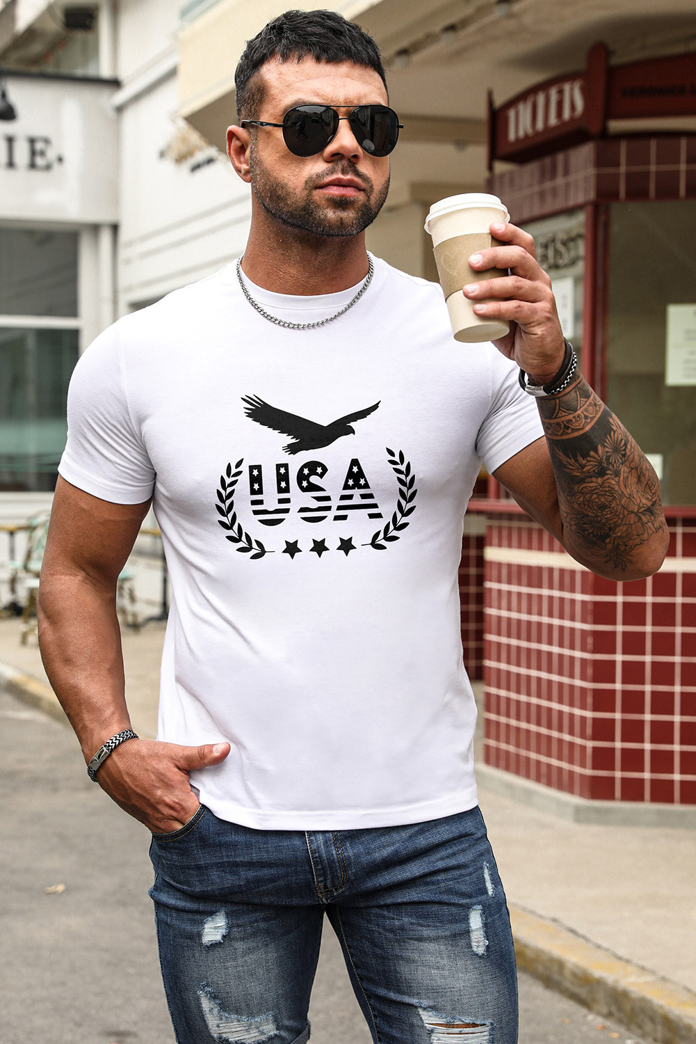 白色 USA 老鹰图案印花短袖男士 T 恤 MC2521016