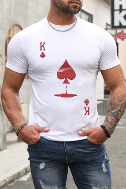 白色扑克图案印花短袖男士 T 恤