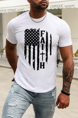 白色 FAITH 美国国旗印花修身男士图案 T 恤