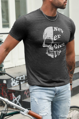 灰色永不放弃骷髅印花修身版型男士图案 T 恤