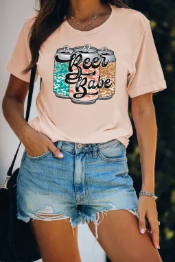 粉色休闲啤酒印花图案 T 恤