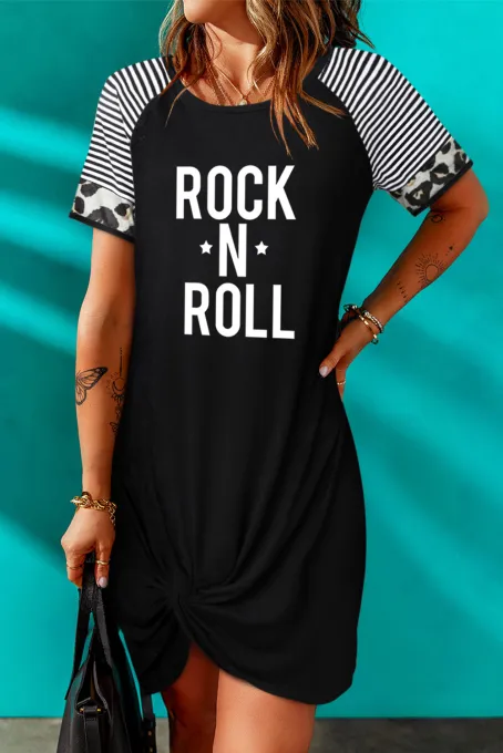 黑色 ROCK N ROLL 扭结条纹短袖迷你连衣裙
