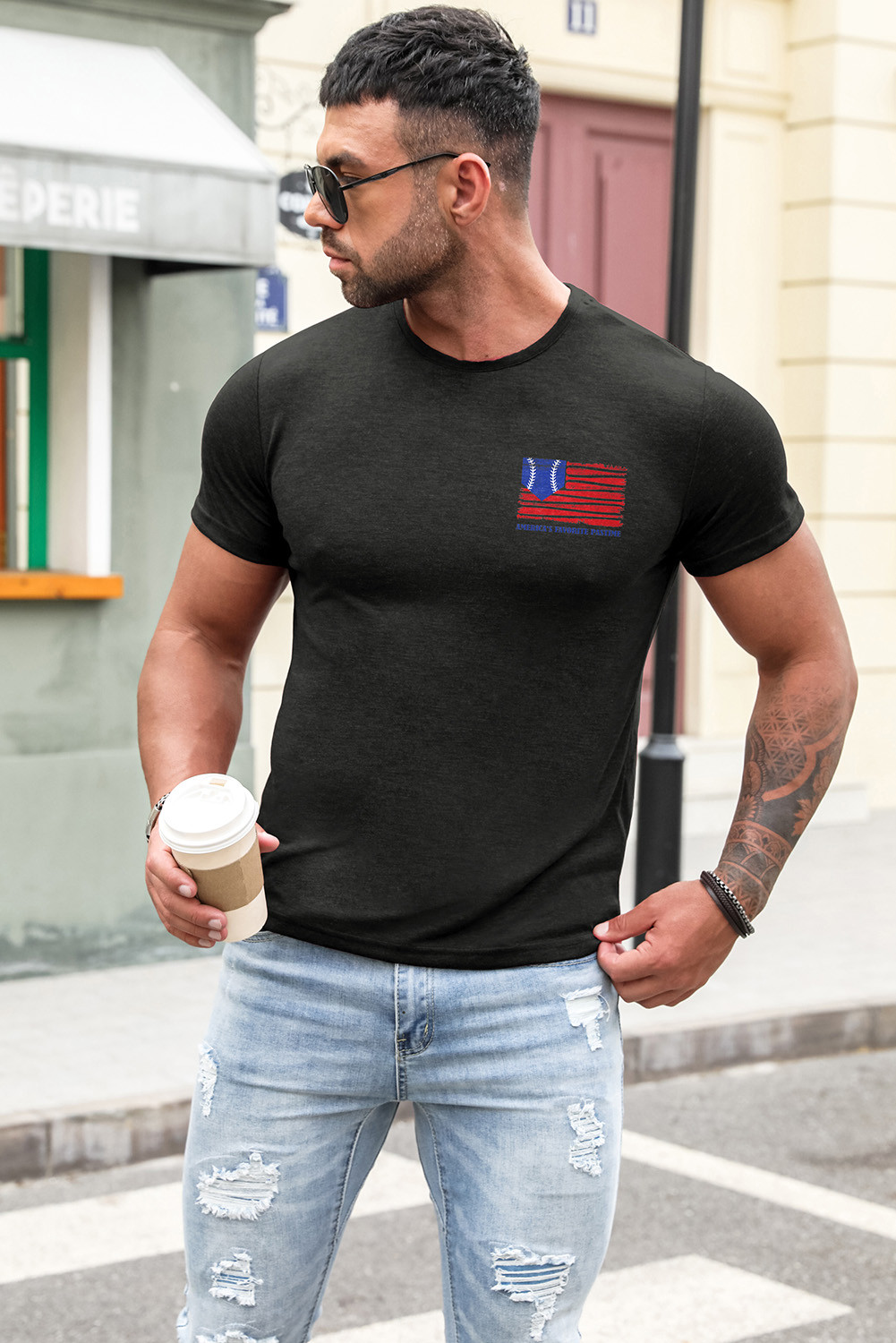 灰色美国国旗棒球印花男士图案 T 恤 MC2521576