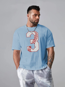 天蓝色棒球 3 号短袖男士超大 T 恤