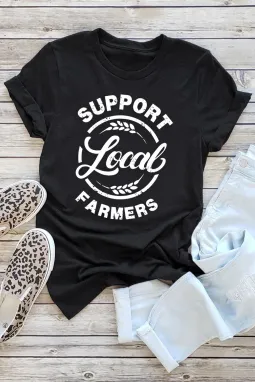 黑色 Support Local Farmers 图案印花短袖 T 恤