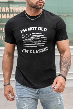 黑色美国国旗汽车字母印花修身版型男士图案 T 恤