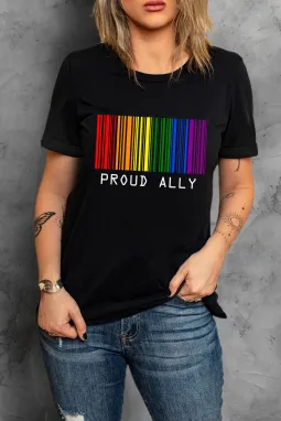 黑色 Proud Ally 彩虹条码印花 T 恤