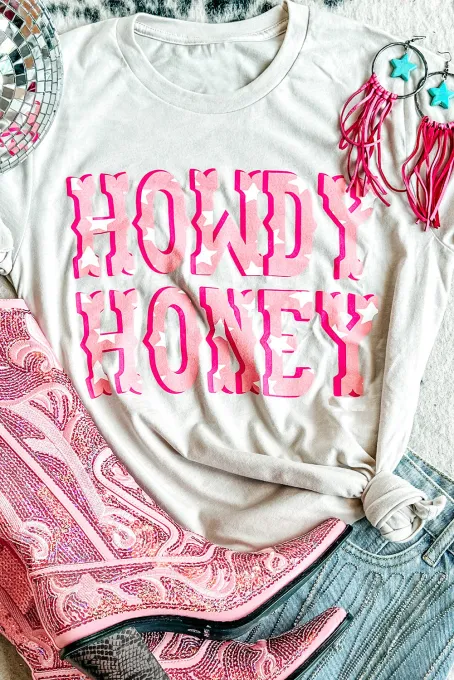 白色 HOWDY HONEY 星星图案印花短袖 T 恤