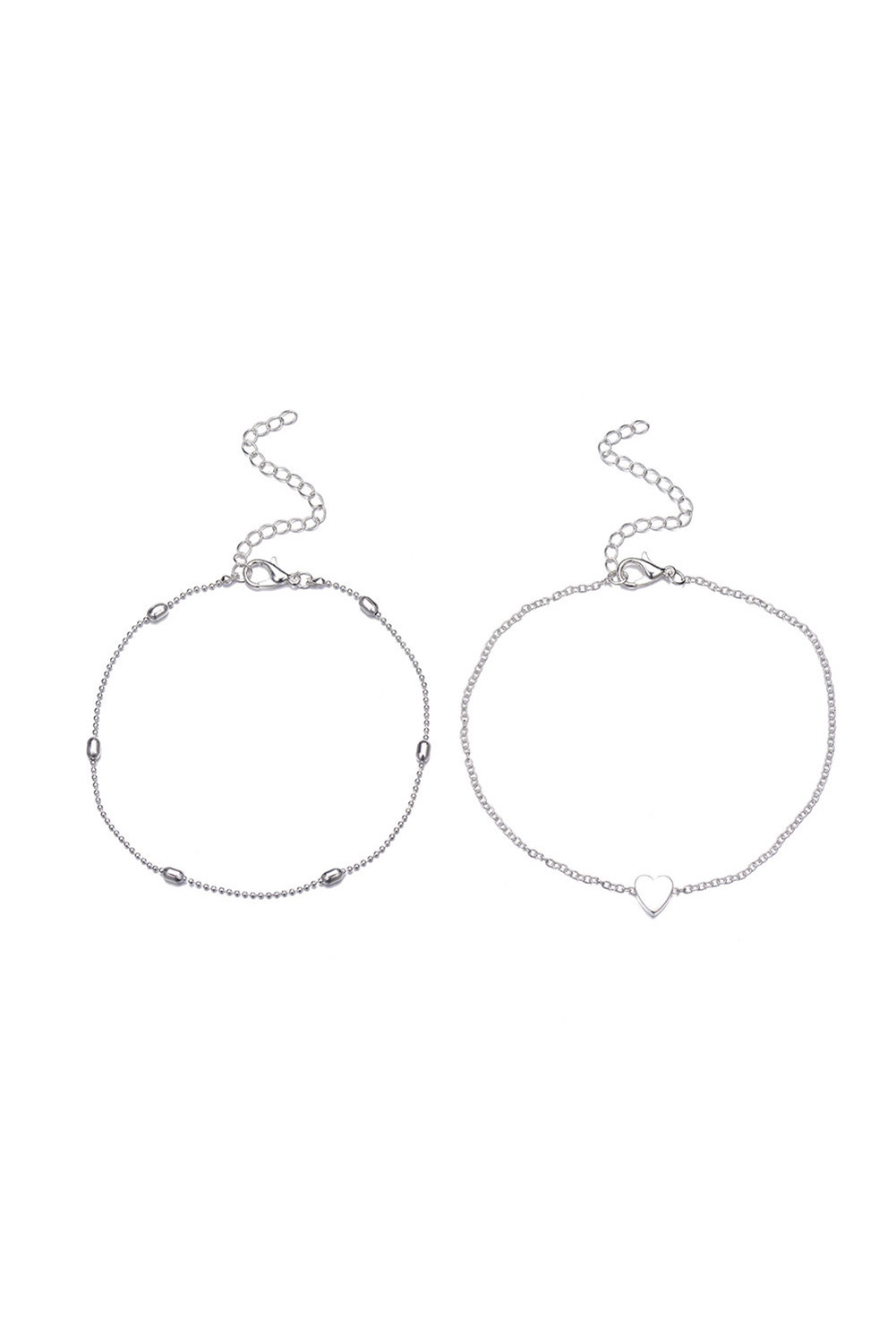 银色心形珠饰两件式脚链 LC012128