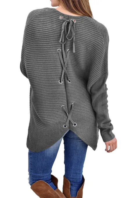 灰色罗纹针织后背系带毛衣开衫
