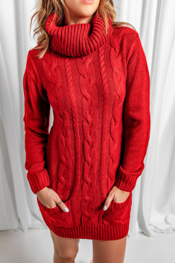 红色流行拼色高翻领长袖暖和针织连衣毛线裙