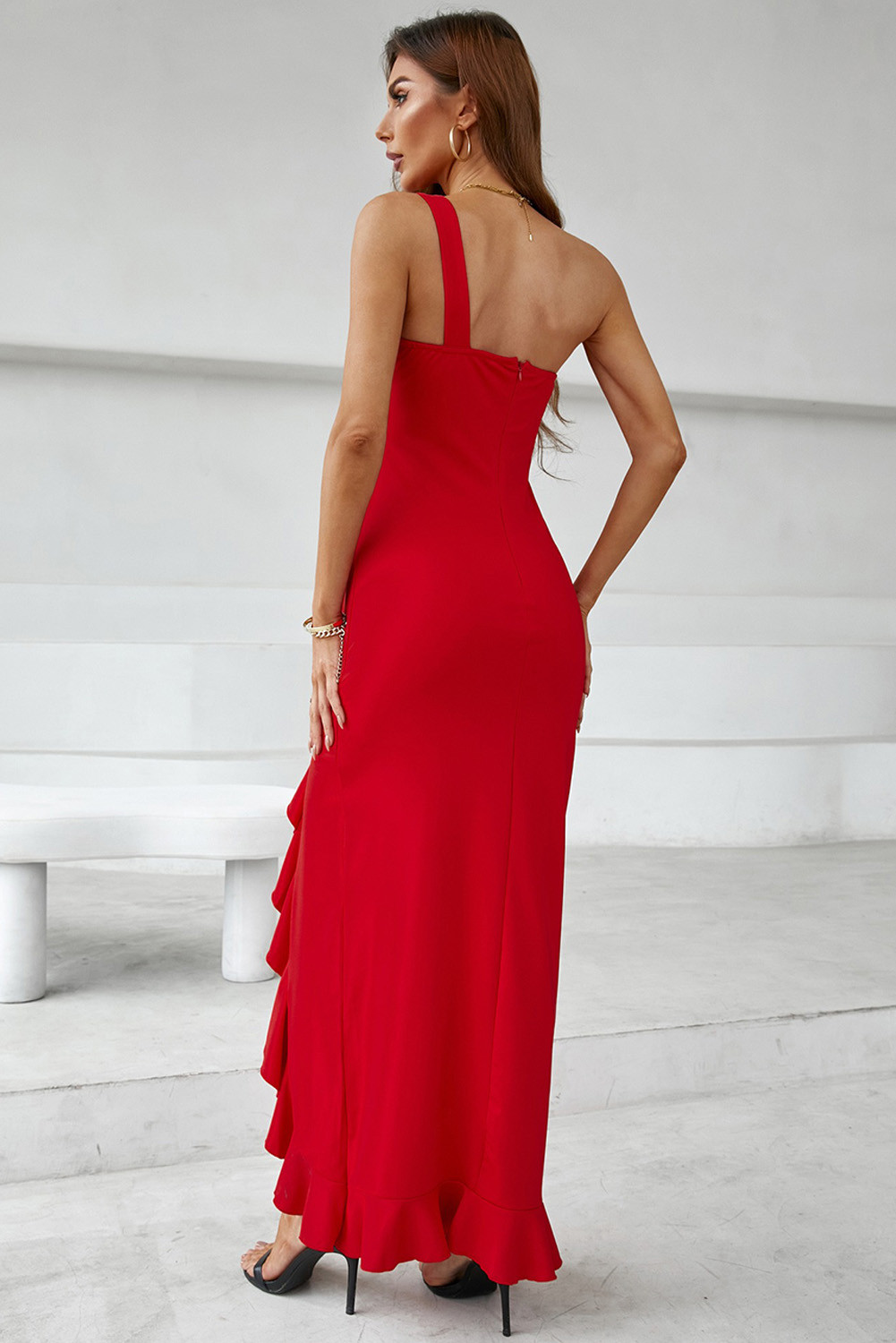 红色优雅单肩层叠垂坠开衩超长派对晚会礼服连衣裙 LC618007