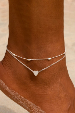 银色心形珠饰两件式脚链