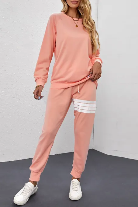 粉色时尚条纹细节长袖上衣束脚裤运动休闲套装