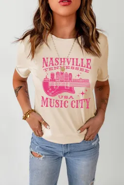 卡其色 Nashville Music City 图案印花短袖 T 恤
