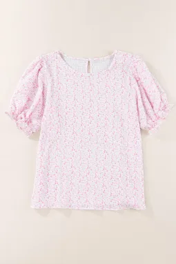 粉色花卉抽褶泡泡袖衬衫