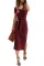 酒红色休闲短袖罗纹正面系带舒适修身中长连衣裙