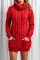 红色流行拼色高翻领长袖暖和针织连衣毛线裙