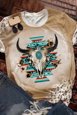 卡其色 Western Aztec Steer Head 豹纹印花圆领 T 恤