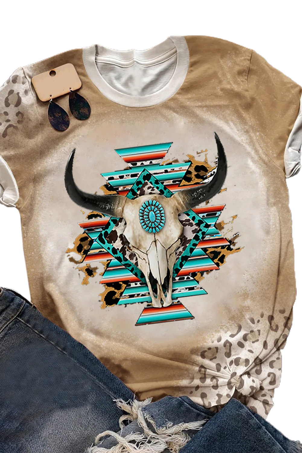 卡其色 Western Aztec Steer Head 豹纹印花圆领 T 恤 LC25216420