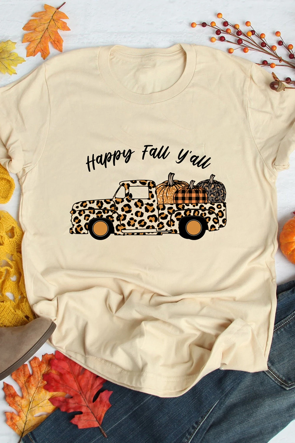 卡其色 Happy Fall 豹纹卡车可爱南瓜图案 T 恤 LC25218029