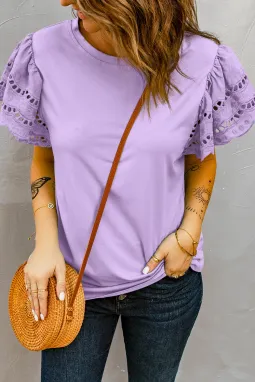 紫色镂空荷叶边袖 T 恤