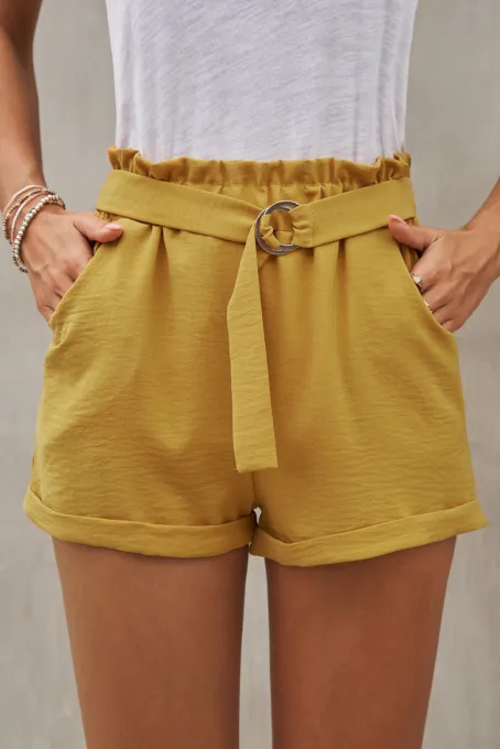 黄色休闲纸袋腰宽松冰丝舒适女士短裤