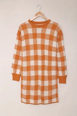 橙色经典格子舒适合身长袖毛衣连衣裙