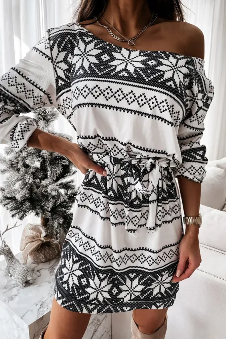 白色休闲舒适圣诞图案印花系带收腰连衣短裙