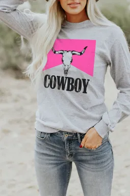 灰色 COWBOY 牛头拼色长袖上衣