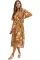 棕色花卉印花荷叶边系带裹身 V 领中长连衣裙