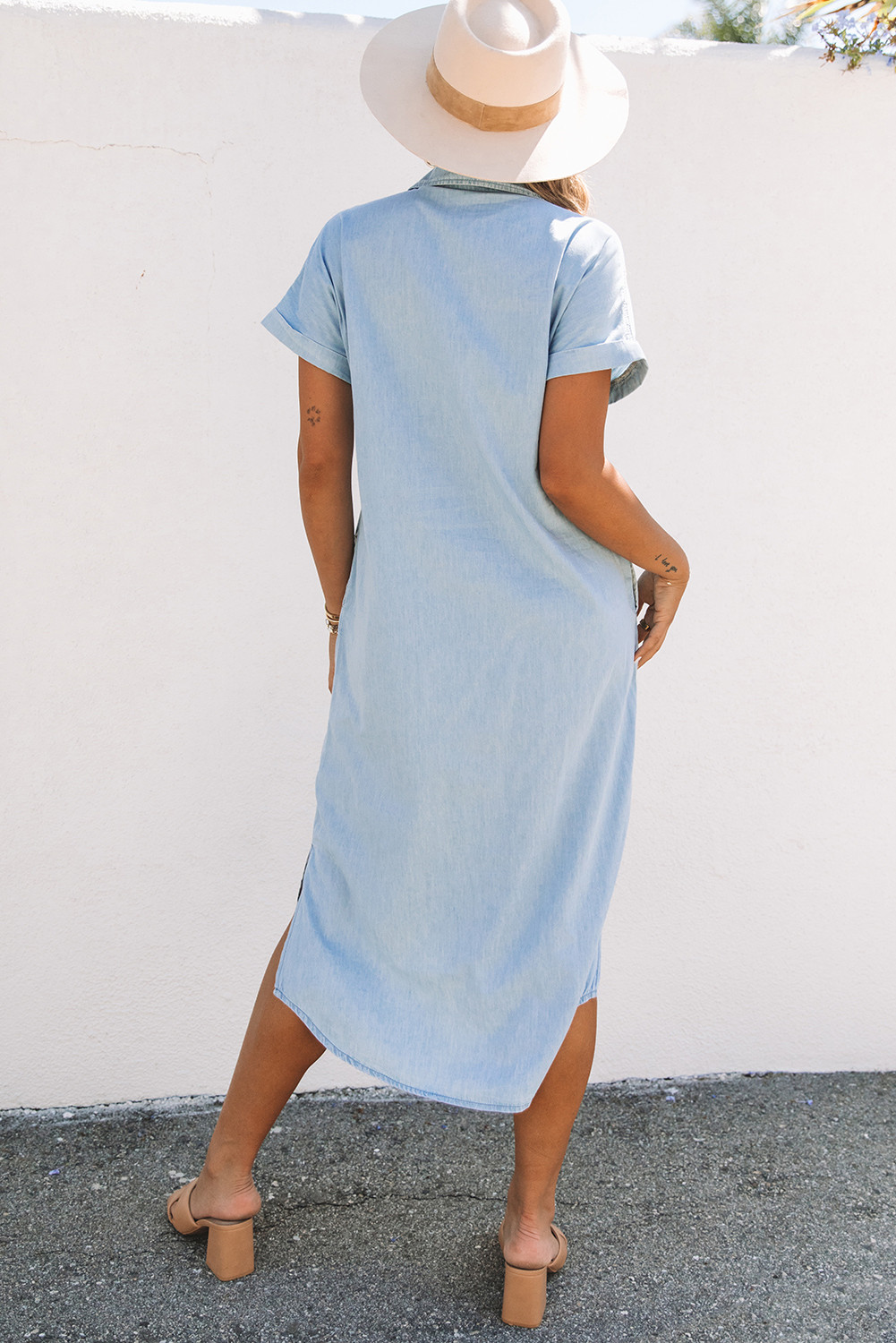 天蓝色青年布衬衫短袖中长连衣裙 LC619792