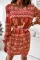红色休闲舒适圣诞图案印花系带收腰连衣短裙