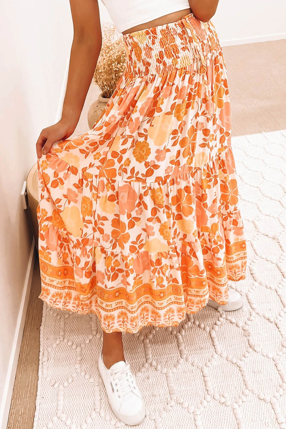橙色花卉印花抽褶高腰半身 A 字长裙 LC651159