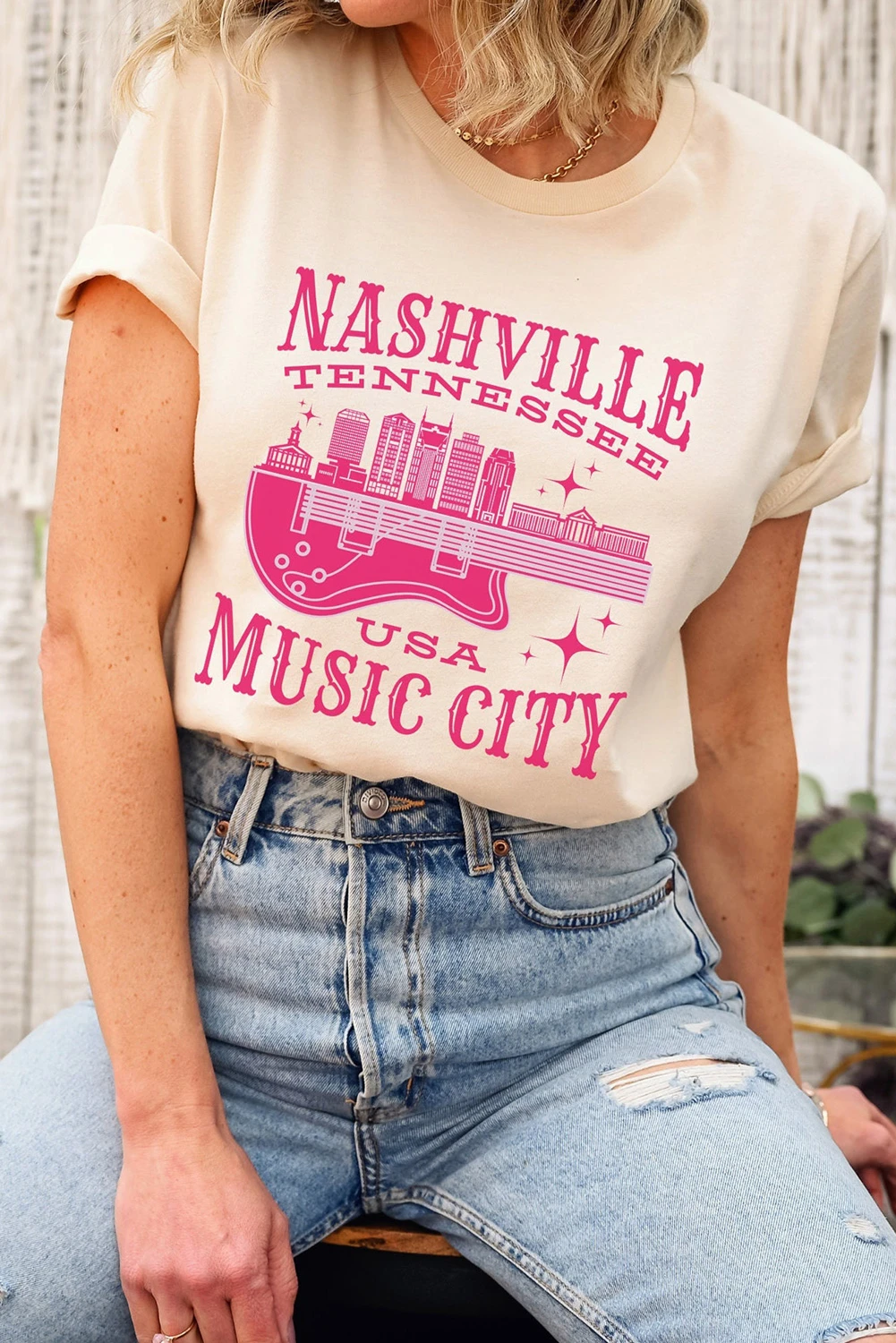 卡其色 Nashville Music City 图案印花短袖 T 恤 LC25218366
